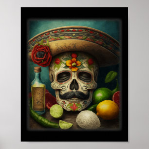Póster Calavera de azúcar mexicana Tequila Sombrero Cinco