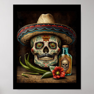 Póster Calavera de azúcar mexicana Tequila Sombrero Cinco