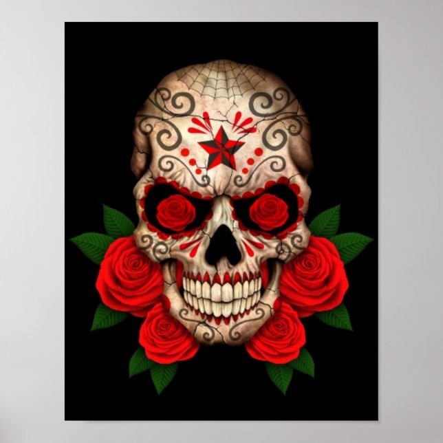 Póster Calavera de azúcar oscuro con rosas rojas (Frente)