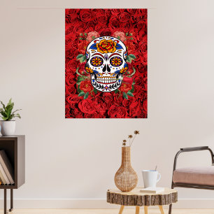 Póster Calavera de Azúcar Rosas Rosadas Grandes Fiestas