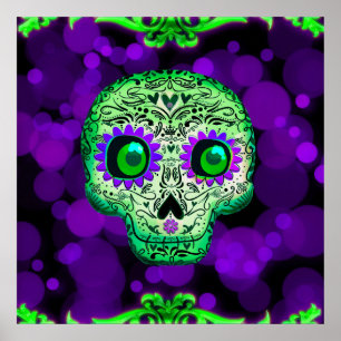 Póster Calavera de azúcar verde y morada con iluminación 