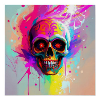 Póster Calavera de Azúcar Vivid Neon con pinta abstracta