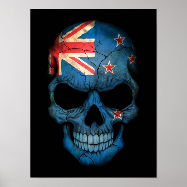 Póster Calavera de bandera de Nueva Zelanda en negro (Frente)
