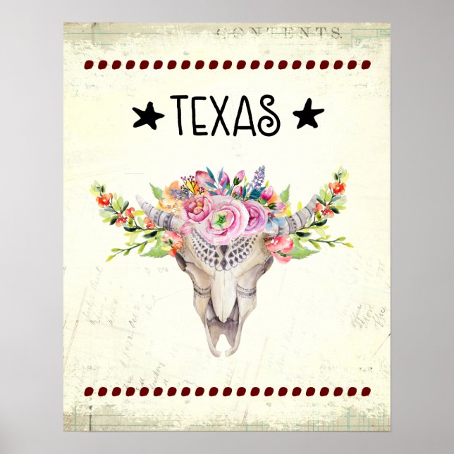 Póster Calavera De Boho De Texas Con Moda De Flores (Frente)