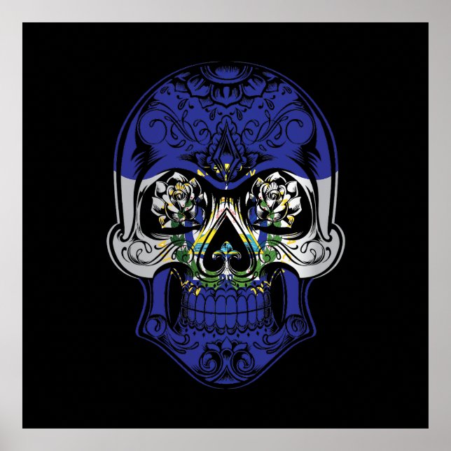 Póster Calavera de El Salvador y bandera de los Rosas (Frente)