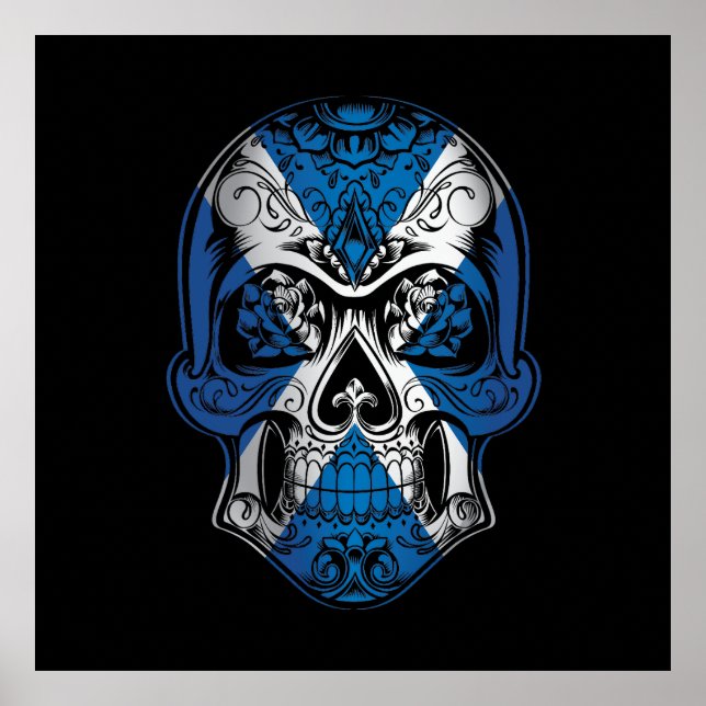 Póster Calavera De Escocia Y Bandera De Rosas (Frente)