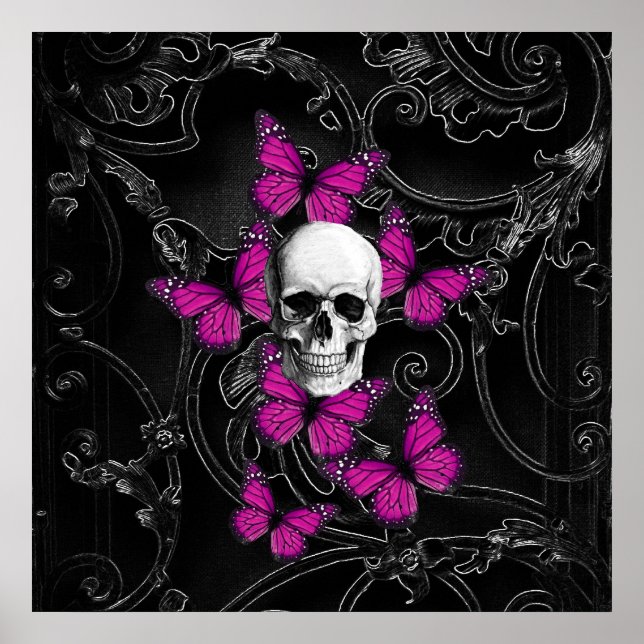 Póster Calavera de fantasía y mariposas rosadas calientes (Frente)