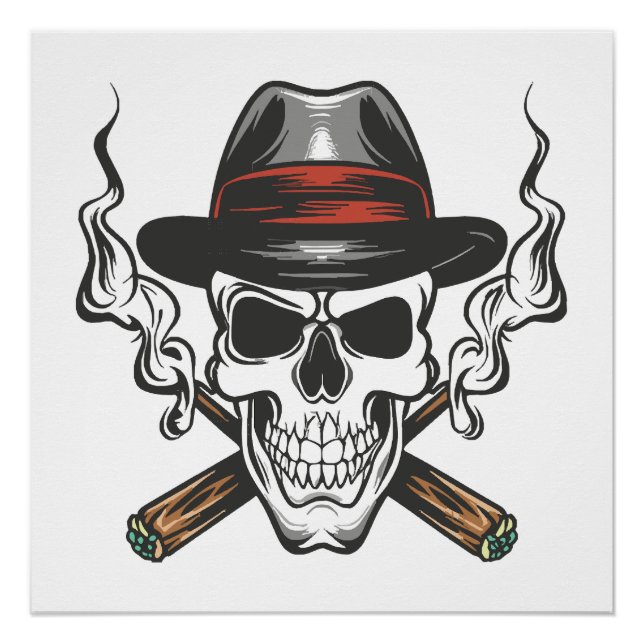 Póster Calavera de gangster con gorra de fedora (Anverso)