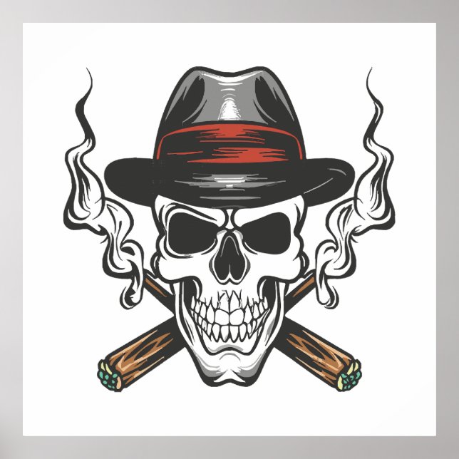 Póster Calavera de gánster con sombrero fedora (Frente)