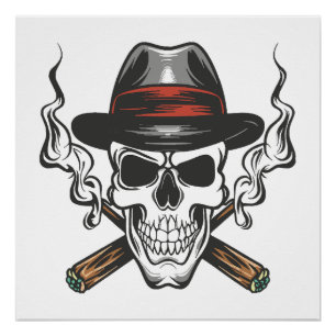Póster Calavera de gánster con sombrero fedora
