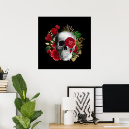 Póster Calavera de gótico con flores rojas y hojas de oro
