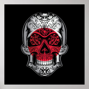 Póster Calavera De Japón Y Bandera De Los Rosas