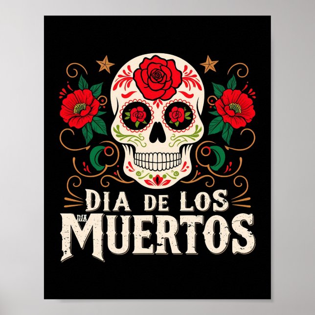 Póster Calavera de los muertos y flores (Frente)
