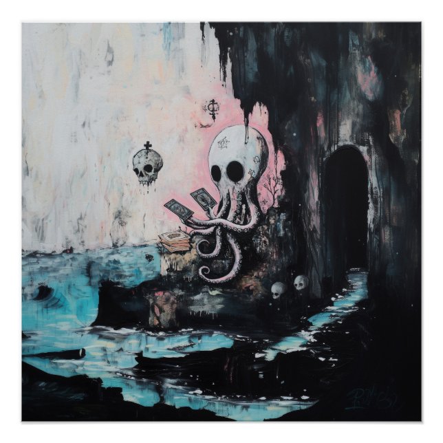 Póster Calavera de Octopus Tarot Bruja IA Arte Sem-Gloss (Anverso)