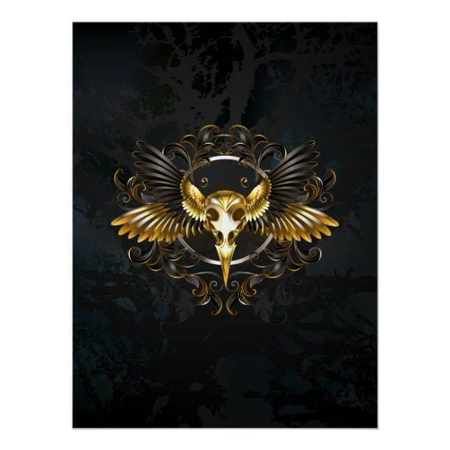 Póster Calavera de pájaro dorada sobre fondo negro (Anverso)