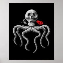 Calavera de pulpo negro y blanco con rosa rojo