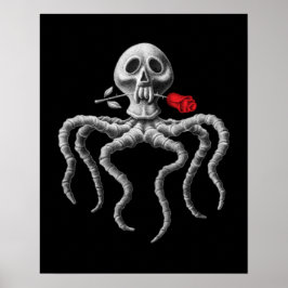 Póster Calavera de pulpo negro y blanco con rosa rojo