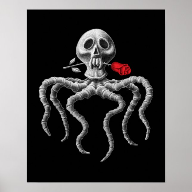 Póster Calavera de pulpo negro y blanco con rosa rojo (Frente)