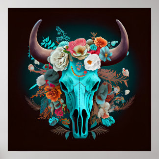 Póster Calavera de toro de vaca turquesa en las flores de