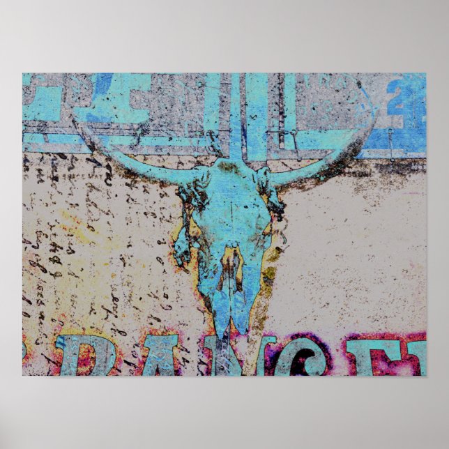 Póster Calavera de toro occidental Verde azulada cosecha  (Frente)