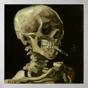 Póster Calavera de un esqueleto con cigarrillo en llamas,