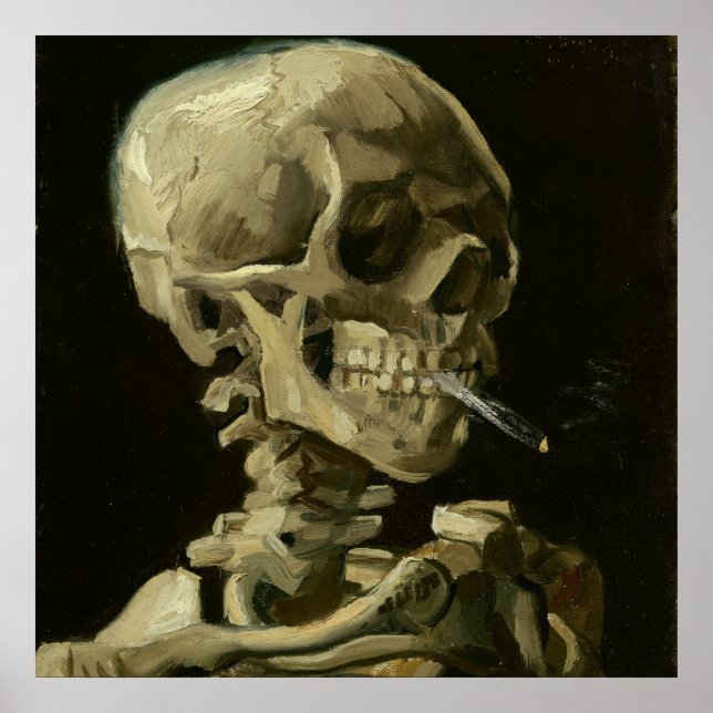 Póster Calavera de un esqueleto con cigarrillo en llamas, (Frente)