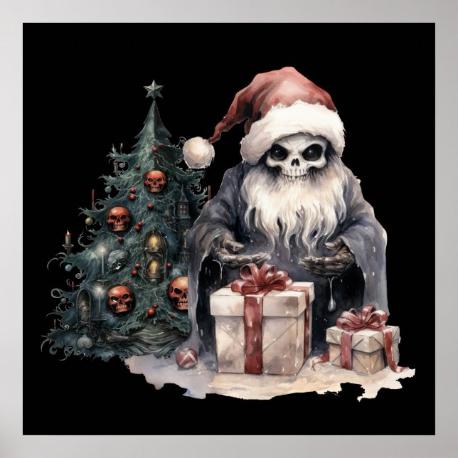 Póster Calavera en sombrero de Santa con árbol gótico de  (Frente)