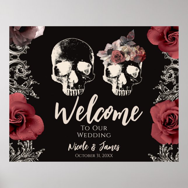 Póster Calavera Esqueleto Rosa Polvo Rosa Bodas Bienvenid (Frente)