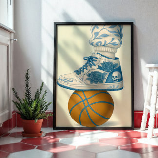 Póster Calavera floral azul en baloncesto