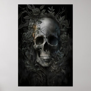 Póster Calavera Floral Dark Academia, Pintura Antigua