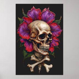 Póster Calavera floral y huesos cruzados - Gótico Botánic