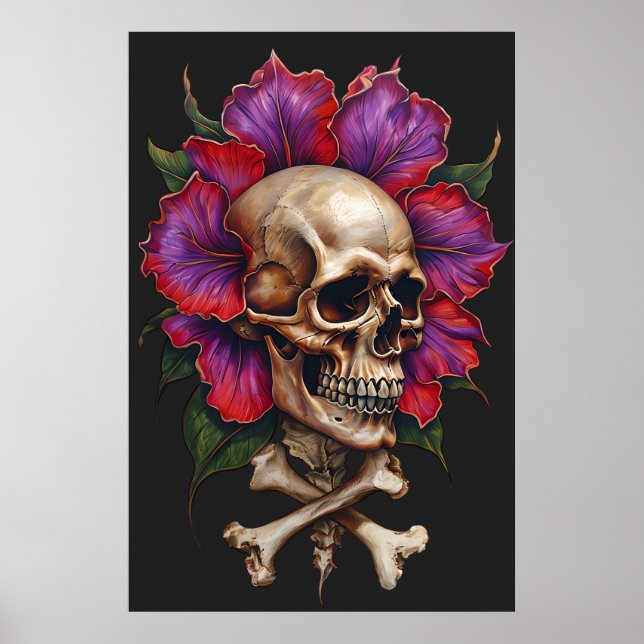 Póster Calavera floral y huesos cruzados - Gótico Botánic (Frente)