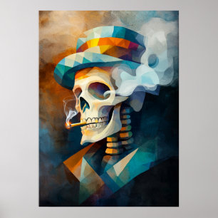 Póster Calavera fumando un cigarrillo - Cubista Minimalis