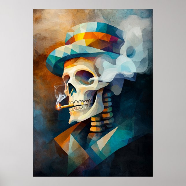 Póster Calavera fumando un cigarrillo - Cubista Minimalis (Frente)