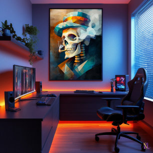 Póster Calavera fumando un cigarrillo - Cubista Minimalis