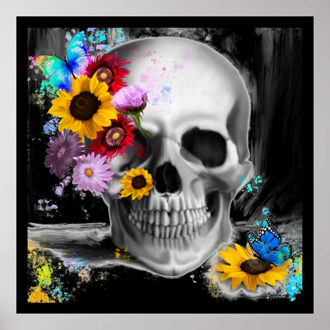 Póster Calavera gótica floral con salpicaduras de pintura (Frente)