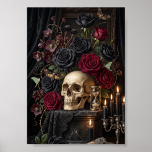 Póster Calavera Gótica Rosas Negras Halloween Victoriano