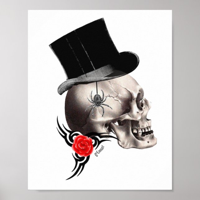 Póster Calavera gótica y estilo tatuaje rosa (Frente)