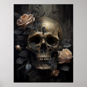 Póster Calavera humana y Rosas oscuro gótico