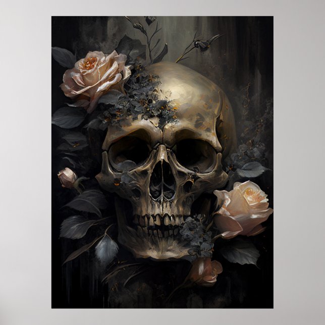 Póster Calavera humana y Rosas oscuro gótico (Frente)