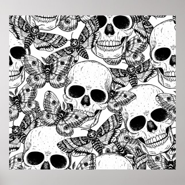 Póster Calavera, mariposas: patrón de cosecha a mano (Frente)