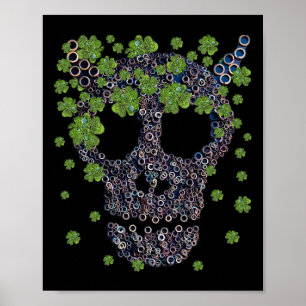 Póster Calavera mecánica espeluznante tréboles verdes ret