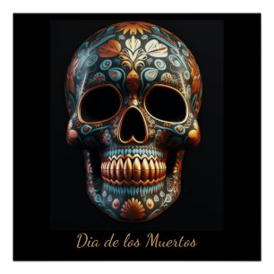 Póster Calavera personalizada de oro y turquesa para el D