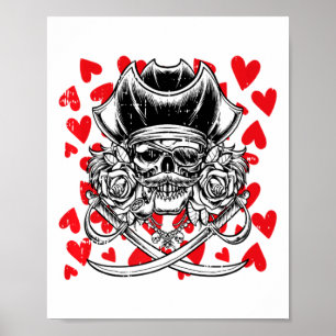 Póster Calavera Pirata Corazones Día de San Valentín Joll
