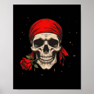 Póster Calavera Pirata Y Hueso Cruzado Mano Flor Roja Par