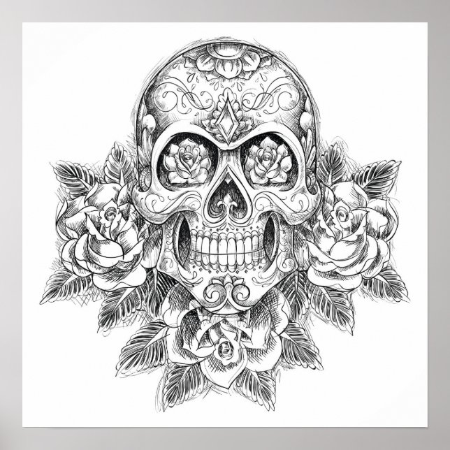 Póster Calavera Poster de color y Rosas (Frente)