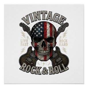 Póster Calavera Rock Vintage Bandera Americana Guitarra R