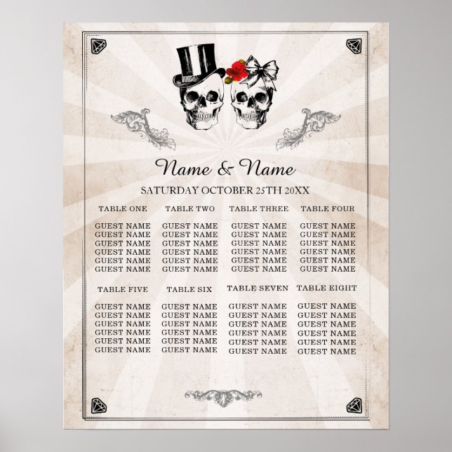 Póster Calavera Rosa Roja 8 Mesa Plan Boda Asiento Poster (Frente)