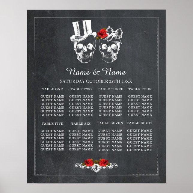 Póster Calavera Rosa Roja 8 Mesa Plan Boda Asiento Poster (Frente)