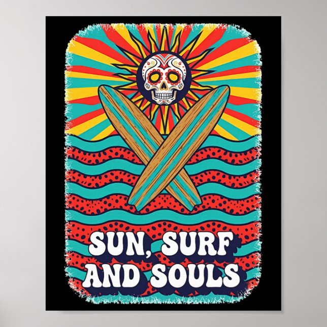 Póster Calavera Sol Psicodélico Olas Retro Surf Ocean (Frente)